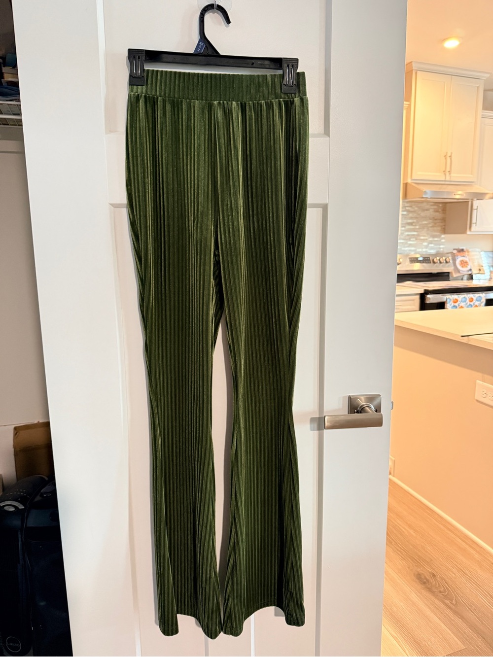 Olive Green Velour Flare bell bottoms Pants - Picture 2 of 4